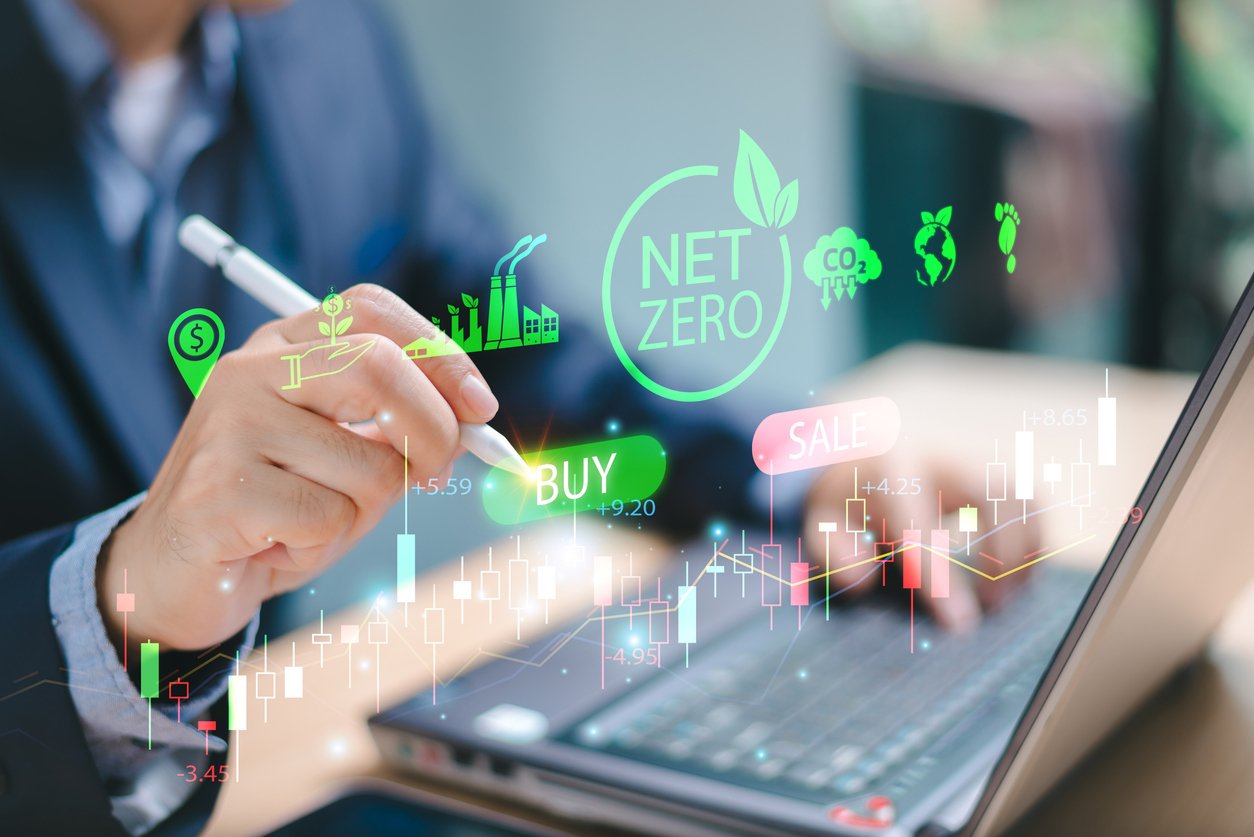 Carbon credit green business concept. Bank finance money investment for sustainable emissions. Green leaf footprint icon. ESG, low co2 green change. Bond stock market exchange, tax fund trade